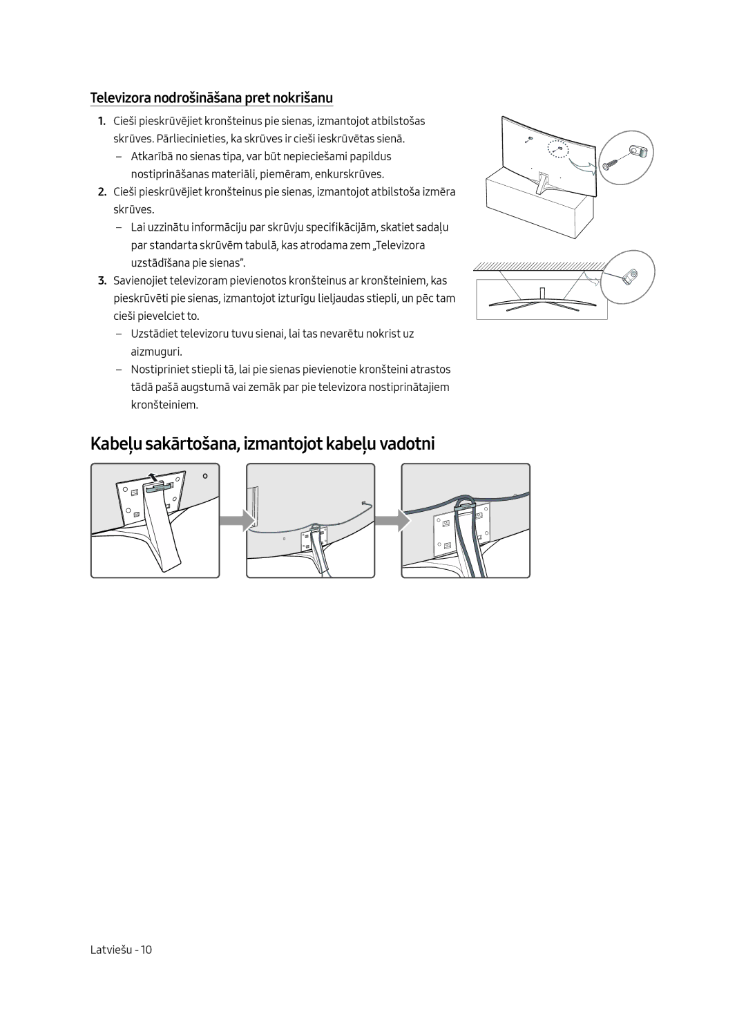 Samsung UE49MU6502UXXH manual Kabeļu sakārtošana, izmantojot kabeļu vadotni, Televizora nodrošināšana pret nokrišanu 