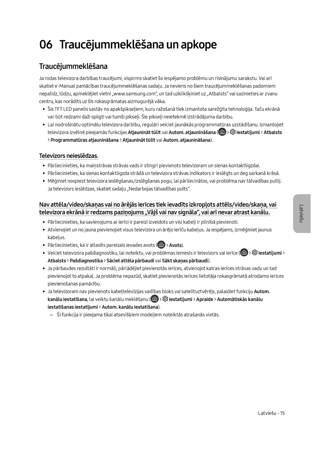 Samsung UE65MU6502UXXH, UE49MU6502UXXH manual Traucējummeklēšana un apkope, Televizors neieslēdzas, Avots, Iestatījumi 