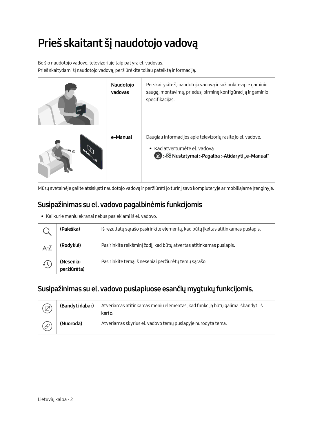 Samsung UE49MU6502UXXH manual Prieš skaitant šį naudotojo vadovą, Susipažinimas su el. vadovo pagalbinėmis funkcijomis 