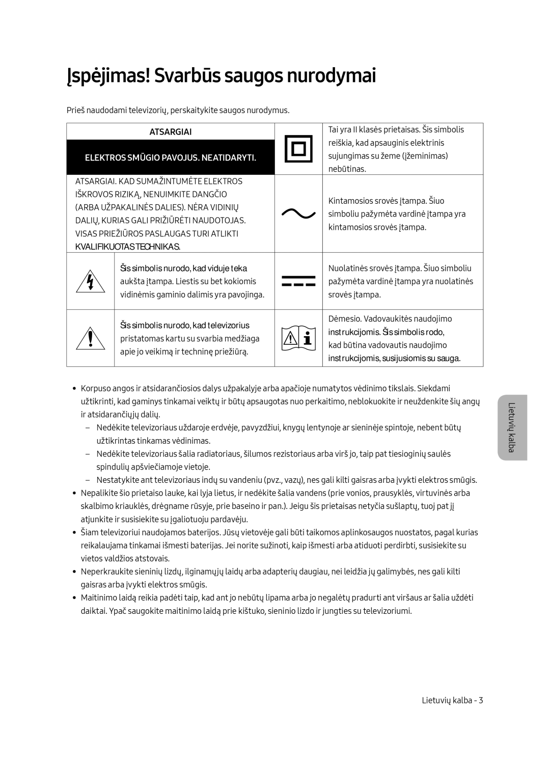 Samsung UE55MU6502UXXH, UE49MU6502UXXH, UE65MU6502UXXH manual Įspėjimas! Svarbūs saugos nurodymai, Atsargiai 