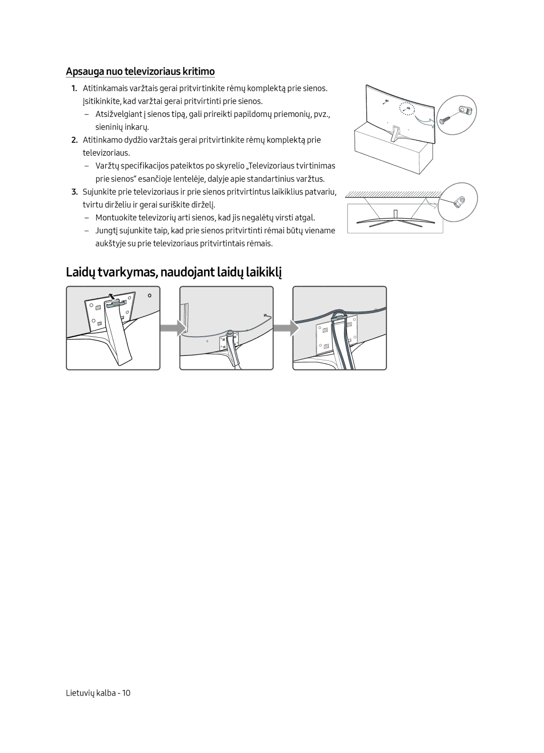 Samsung UE65MU6502UXXH, UE49MU6502UXXH manual Laidų tvarkymas, naudojant laidų laikiklį, Apsauga nuo televizoriaus kritimo 