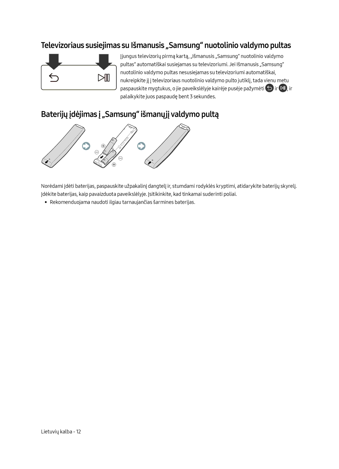 Samsung UE55MU6502UXXH, UE49MU6502UXXH, UE65MU6502UXXH manual Baterijų įdėjimas į „Samsung išmanųjį valdymo pultą 