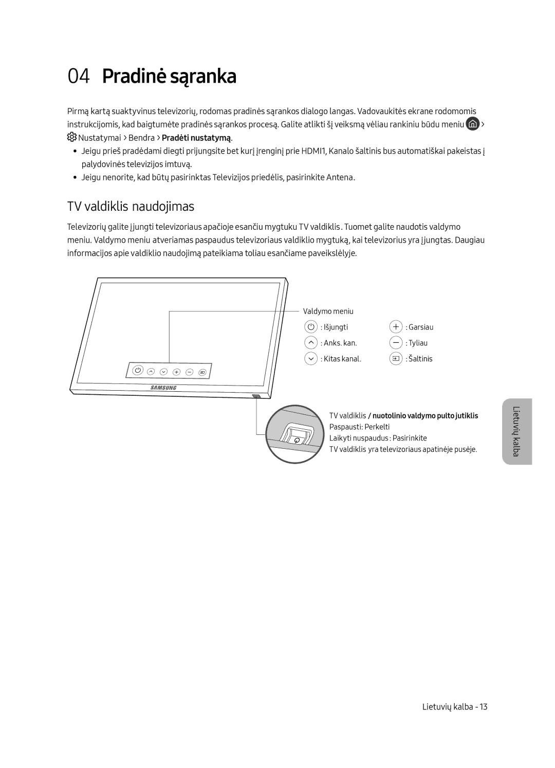 Samsung UE65MU6502UXXH, UE49MU6502UXXH, UE55MU6502UXXH manual Pradinė sąranka, TV valdiklis naudojimas 