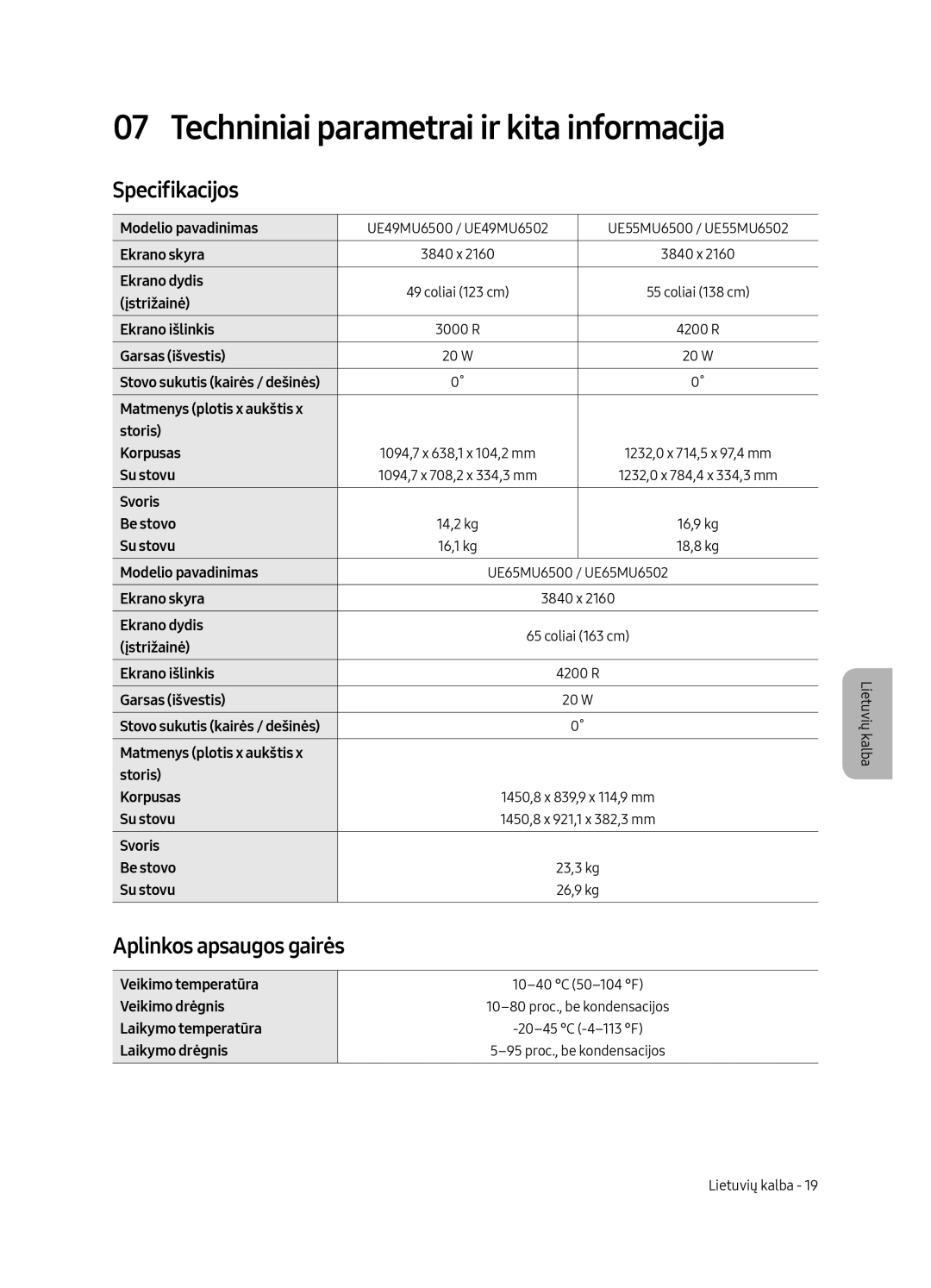 Samsung UE65MU6502UXXH, UE49MU6502UXXH Techniniai parametrai ir kita informacija, Specifikacijos, Aplinkos apsaugos gairės 