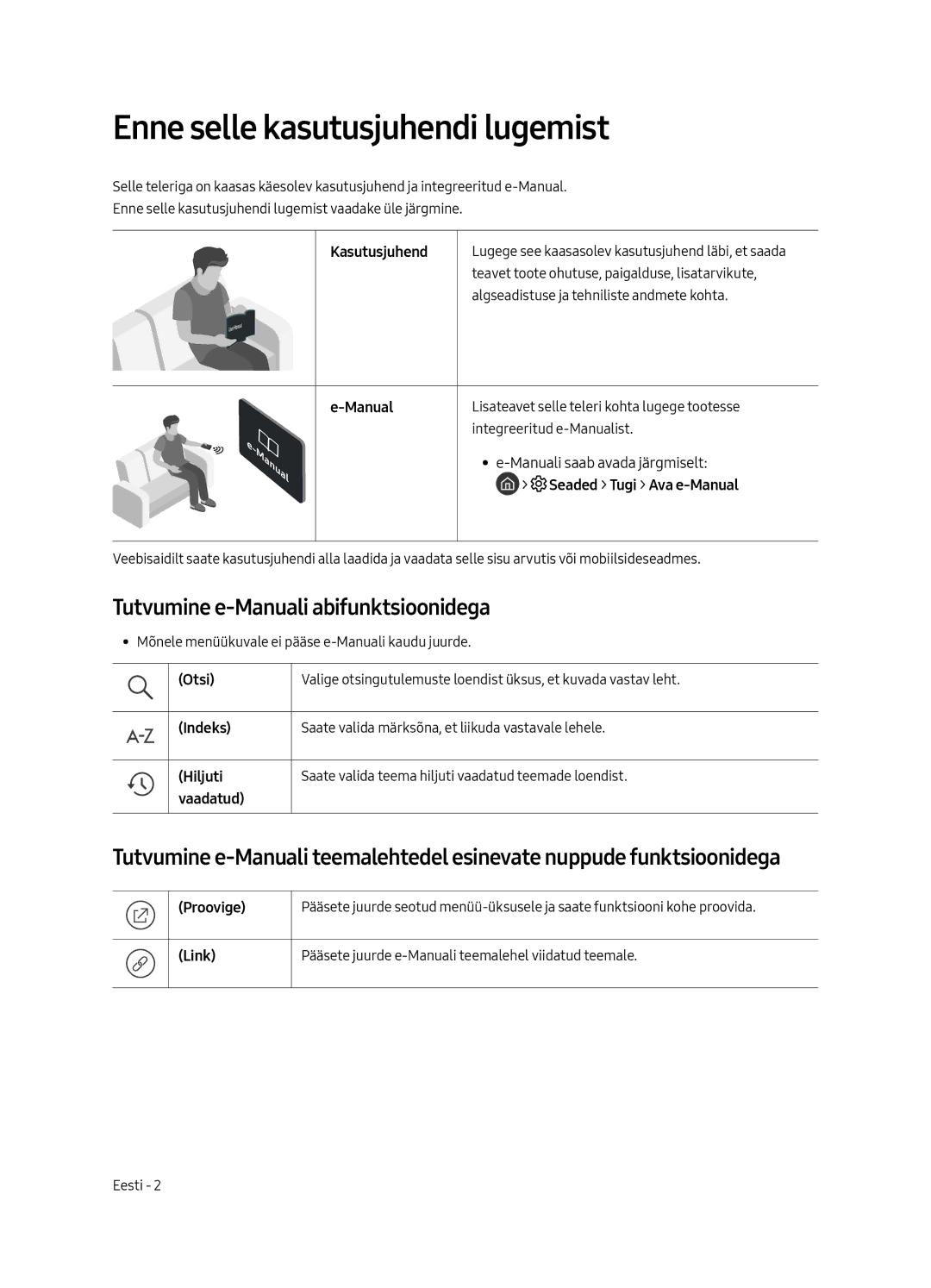 Samsung UE65MU6502UXXH, UE49MU6502UXXH manual Enne selle kasutusjuhendi lugemist, Tutvumine e-Manuali abifunktsioonidega 