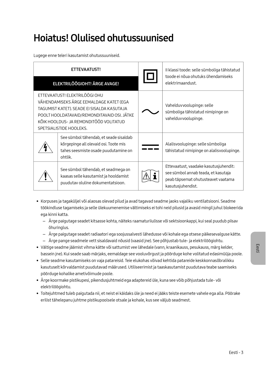 Samsung UE49MU6502UXXH, UE55MU6502UXXH, UE65MU6502UXXH manual Hoiatus! Olulised ohutussuunised, ELEKTRILÖÖGIOHT! Ärge Avage 