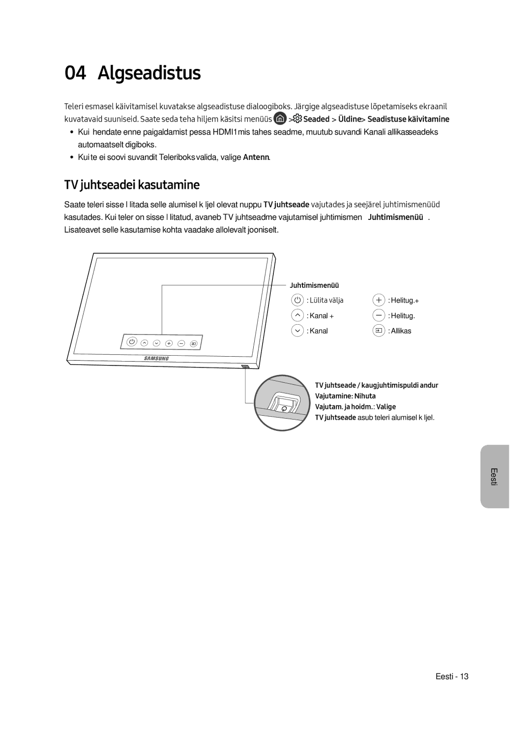 Samsung UE55MU6502UXXH, UE49MU6502UXXH, UE65MU6502UXXH manual Algseadistus, TV juhtseadei kasutamine 