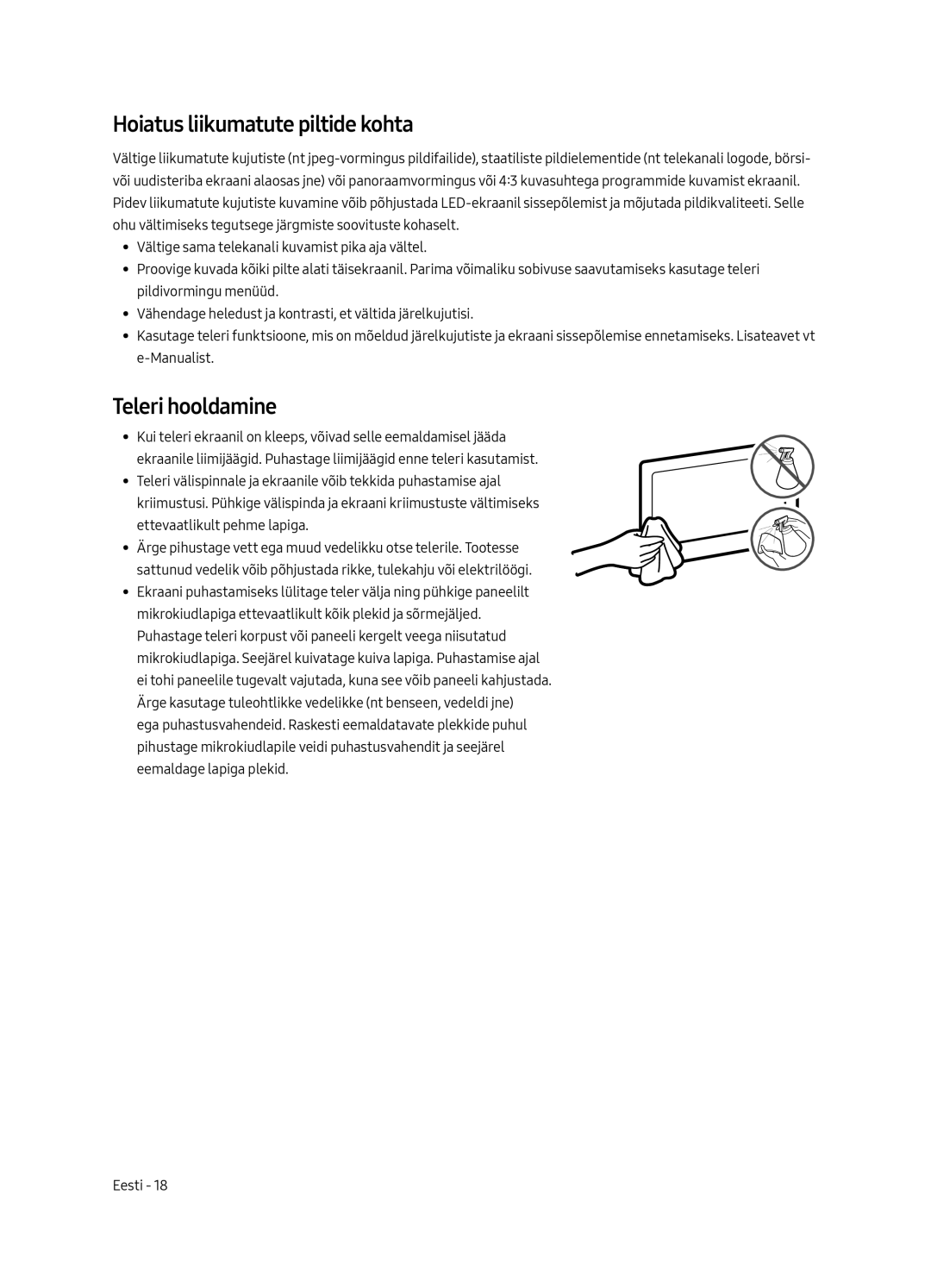 Samsung UE49MU6502UXXH, UE55MU6502UXXH, UE65MU6502UXXH manual Hoiatus liikumatute piltide kohta, Teleri hooldamine 