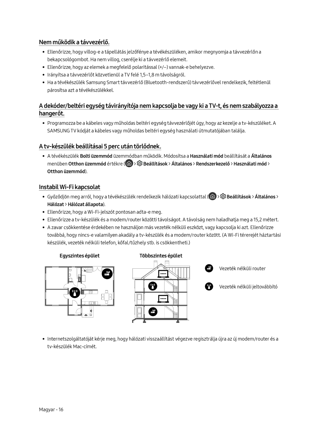 Samsung UE49MU6502UXXH Nem működik a távvezérlő, Tv-készülék beállításai 5 perc után törlődnek, Instabil Wi-Fi kapcsolat 