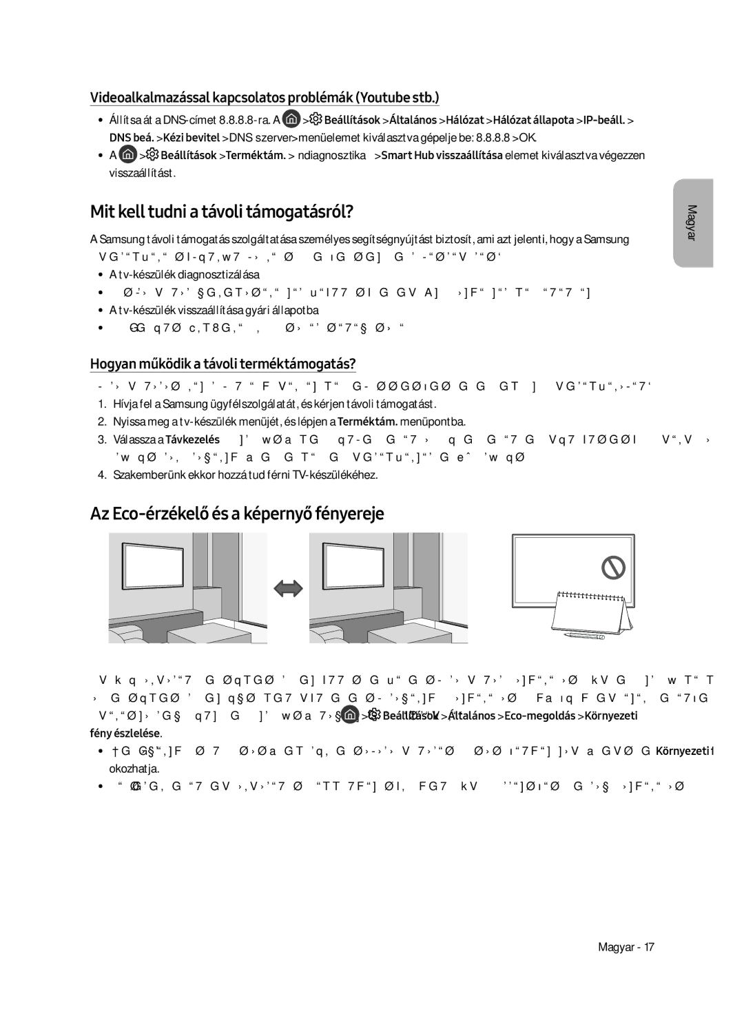 Samsung UE55MU6502UXXH, UE49MU6502UXXH manual Mit kell tudni a távoli támogatásról?, Az Eco-érzékelő és a képernyő fényereje 