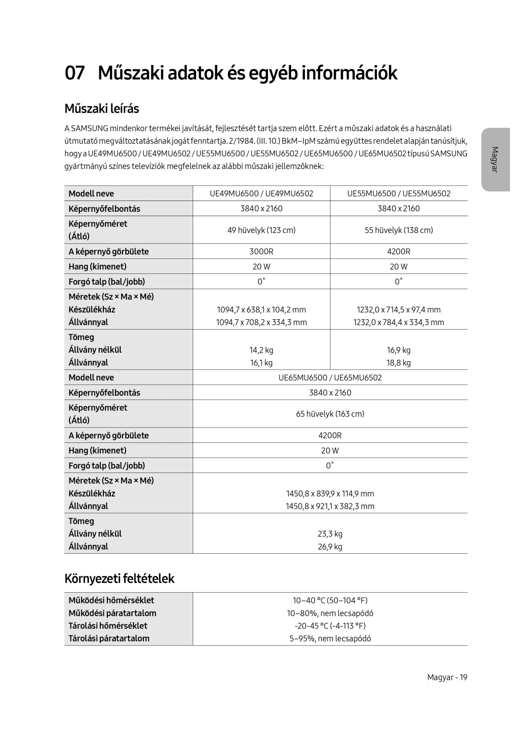 Samsung UE49MU6502UXXH, UE55MU6502UXXH manual 07 Műszaki adatok és egyéb információk, Műszaki leírás, Környezeti feltételek 