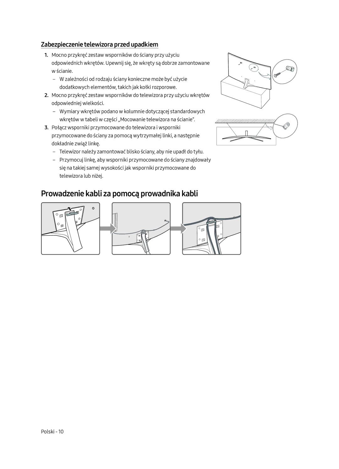 Samsung UE65MU6502UXXH manual Prowadzenie kabli za pomocą prowadnika kabli, Zabezpieczenie telewizora przed upadkiem 