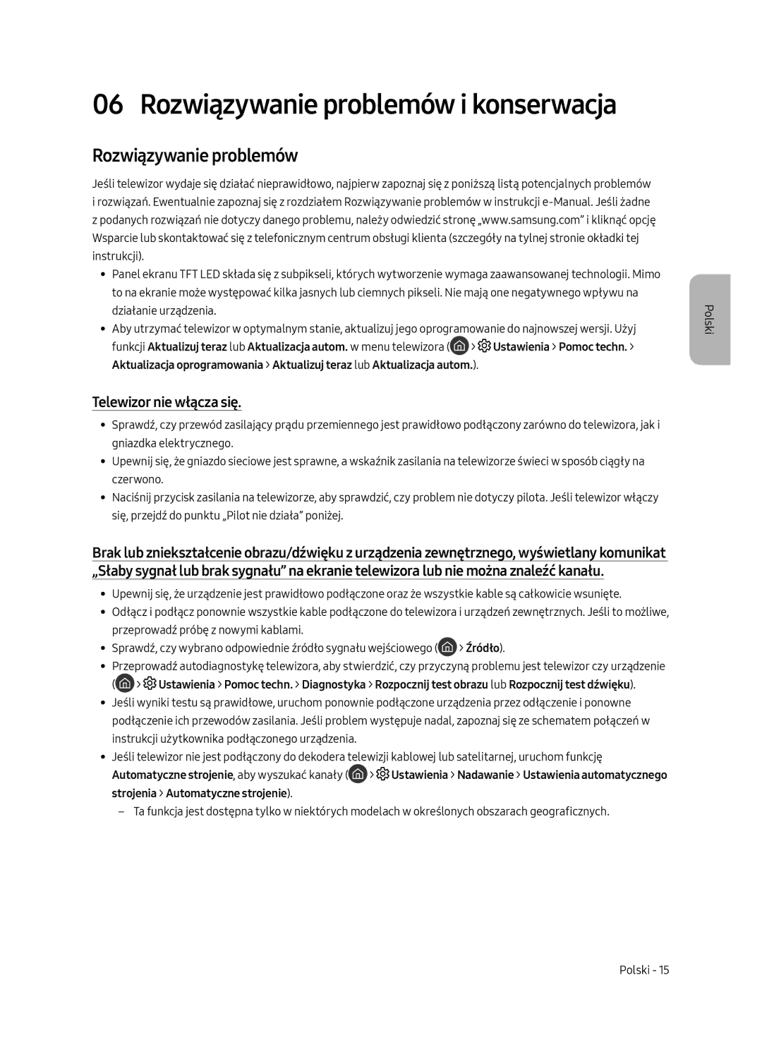 Samsung UE55MU6502UXXH, UE49MU6502UXXH, UE65MU6502UXXH manual Rozwiązywanie problemów, Telewizor nie włącza się 