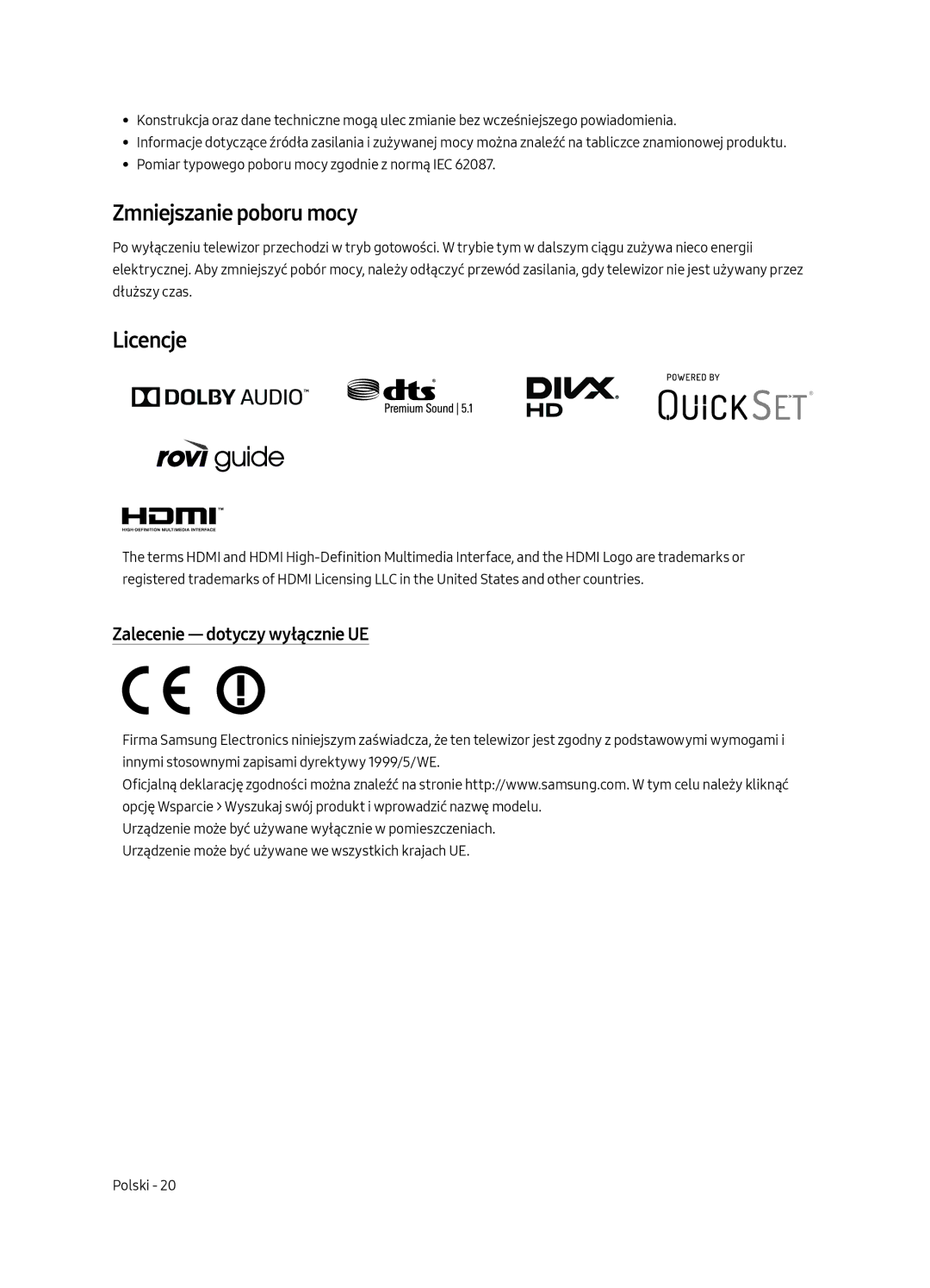 Samsung UE49MU6502UXXH, UE55MU6502UXXH, UE65MU6502UXXH Zmniejszanie poboru mocy, Licencje, Zalecenie dotyczy wyłącznie UE 