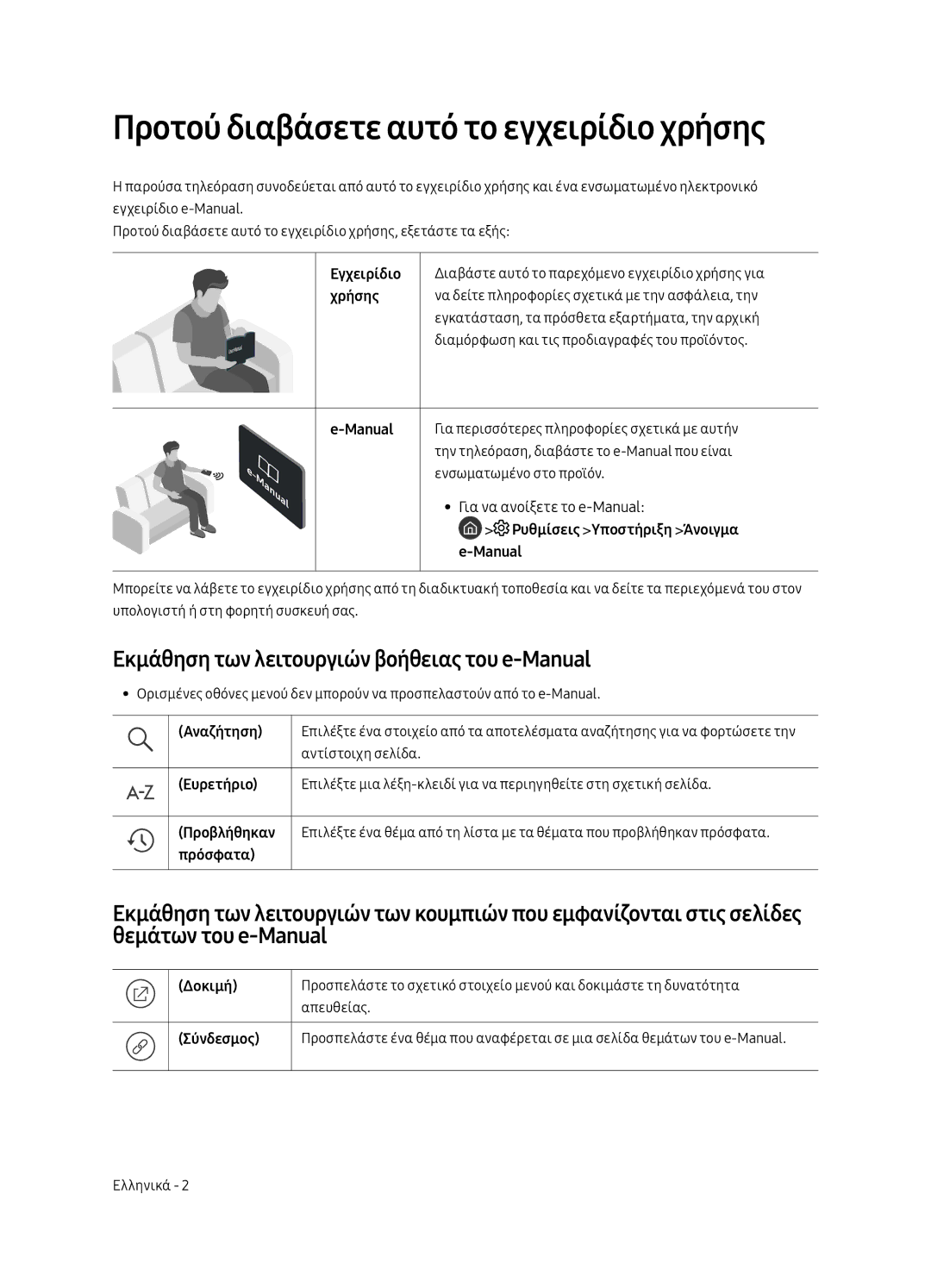 Samsung UE65MU6502UXXH manual Προτού διαβάσετε αυτό το εγχειρίδιο χρήσης, Εκμάθηση των λειτουργιών βοήθειας του e-Manual 