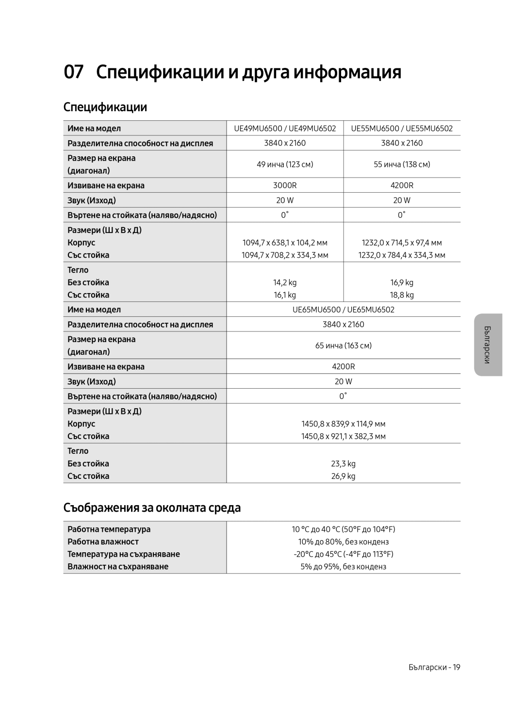 Samsung UE49MU6502UXXH, UE55MU6502UXXH, UE65MU6502UXXH 07 Спецификации и друга информация, Съображения за околната среда 