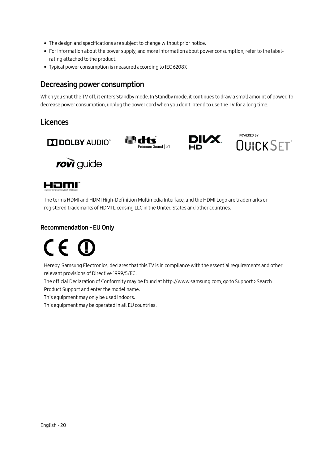 Samsung UE55MU6500UXZG, UE49MU6509UXZG, UE65MU6509UXZG manual Decreasing power consumption, Licences, Recommendation EU Only 