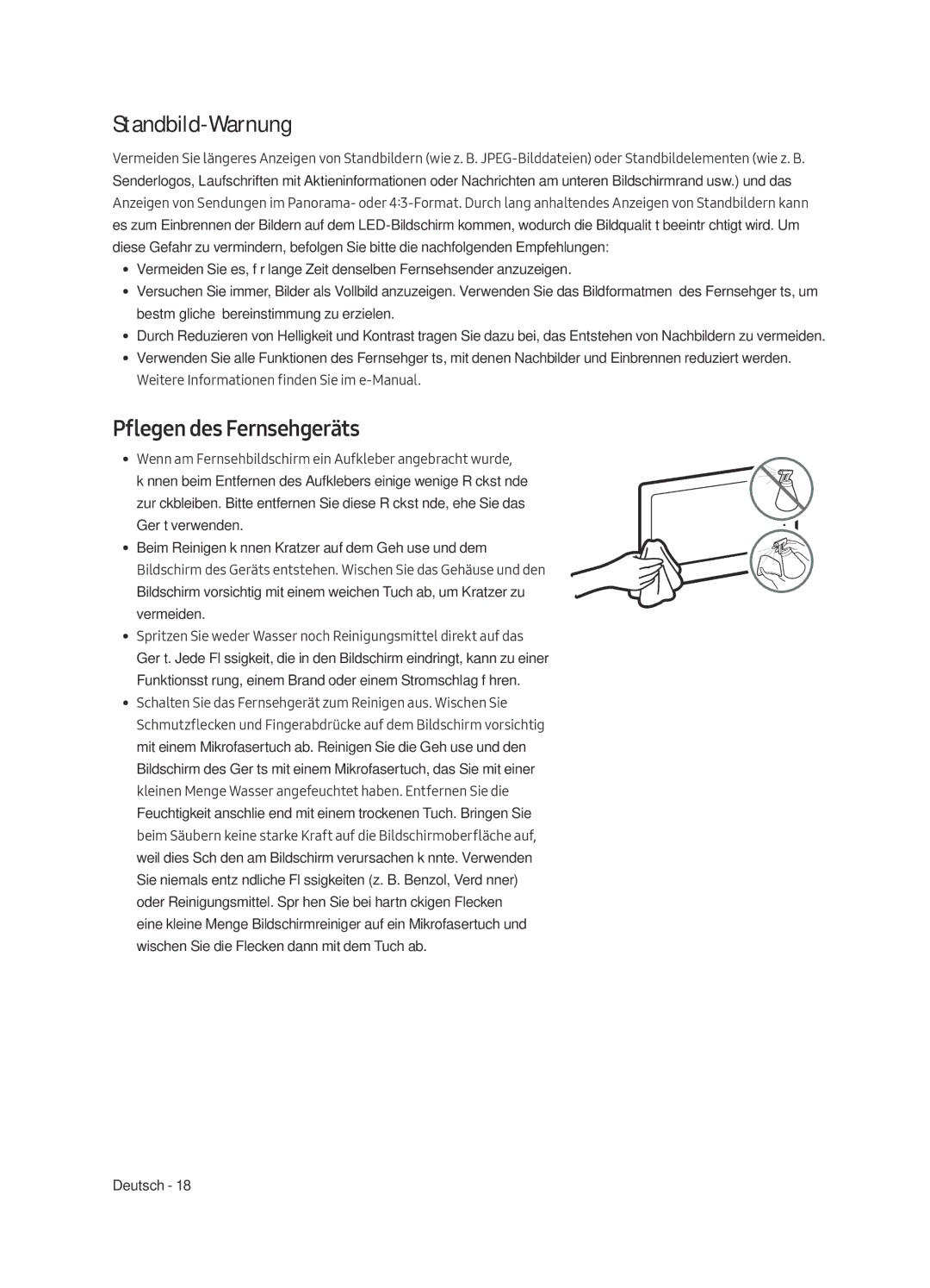 Samsung UE55MU6509UXZG, UE49MU6509UXZG, UE65MU6509UXZG, UE55MU6500UXZT manual Standbild-Warnung, Pflegen des Fernsehgeräts 