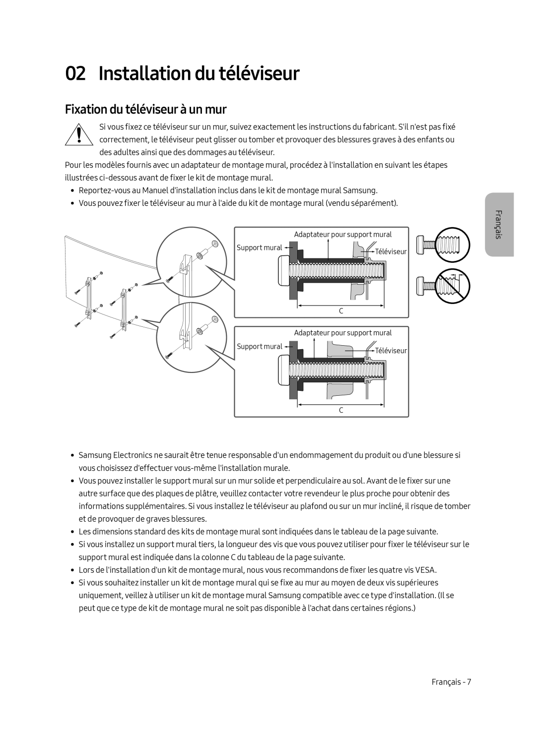 Samsung UE49MU6500UXZG, UE49MU6509UXZG, UE65MU6509UXZG manual Installation du téléviseur, Fixation du téléviseur à un mur 