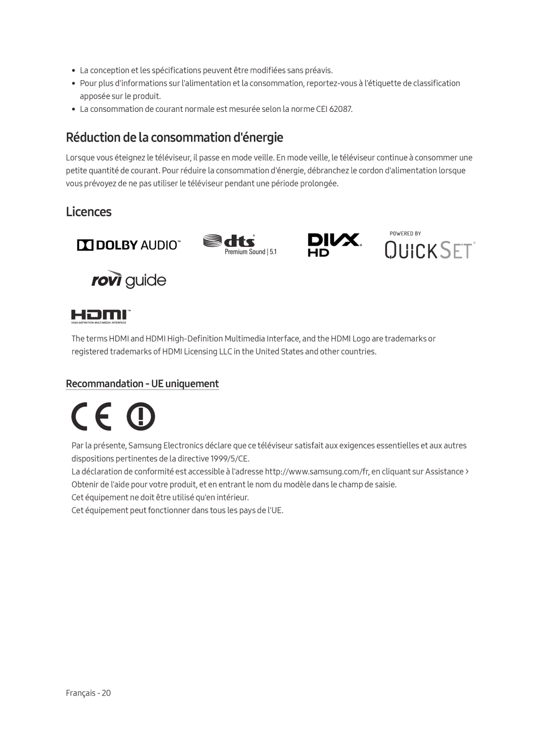 Samsung UE49MU6509UXZG, UE65MU6509UXZG, UE55MU6509UXZG Réduction de la consommation dénergie, Recommandation UE uniquement 