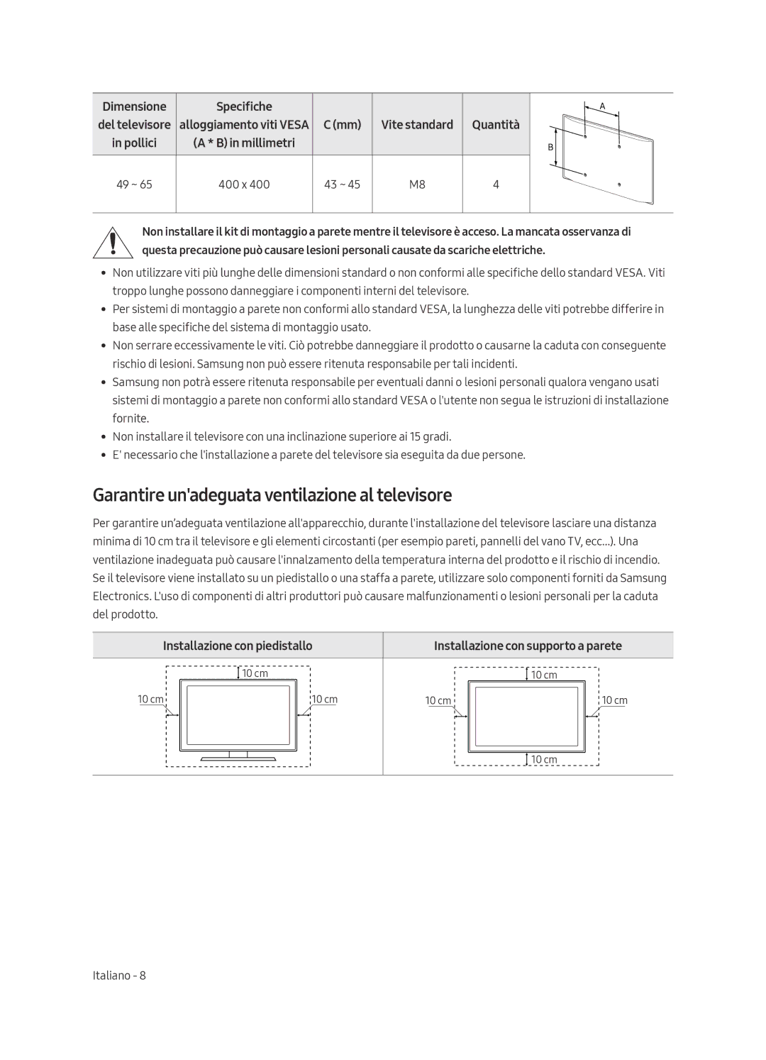 Samsung UE55MU6500UXZG, UE49MU6509UXZG manual Garantire unadeguata ventilazione al televisore, Installazione con piedistallo 