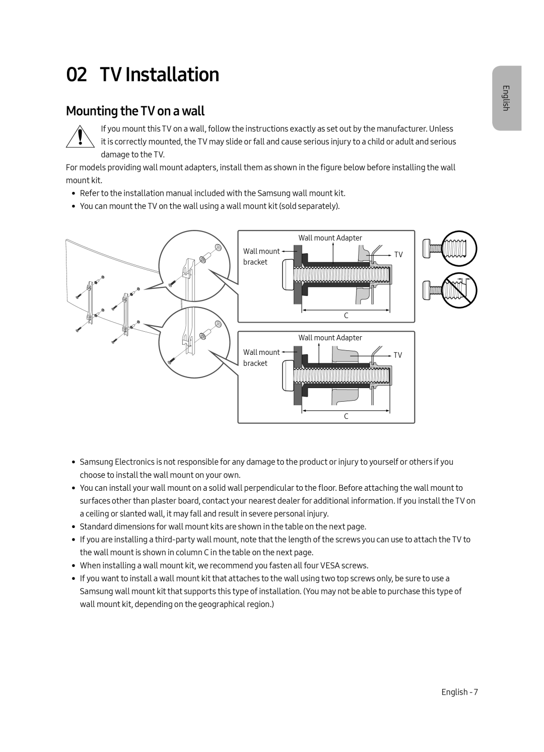 Samsung UE49MU6500UXXU, UE49MU6509UXZG, UE65MU6509UXZG, UE55MU6509UXZG manual TV Installation, Mounting the TV on a wall 