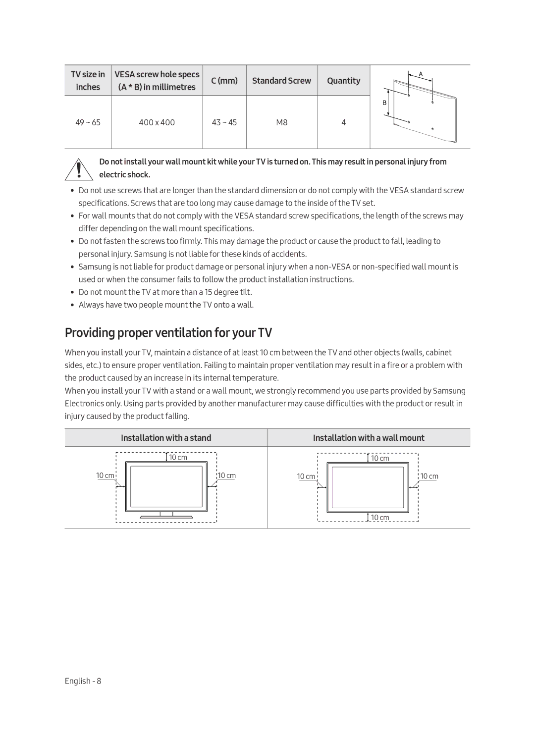 Samsung UE55MU6500UXZG Providing proper ventilation for your TV, Installation with a stand Installation with a wall mount 