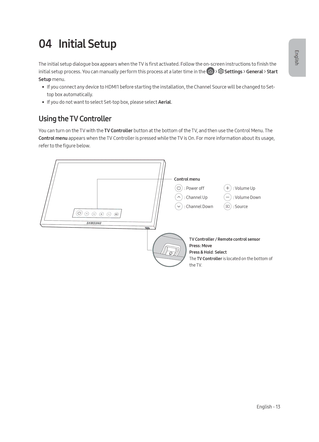 Samsung UE75MU7000TXZG, UE49MU7000TXZG, UE55MU7000TXZG, UE65MU7000TXZG, UE75MU7000TXZT Initial Setup, Using the TV Controller 