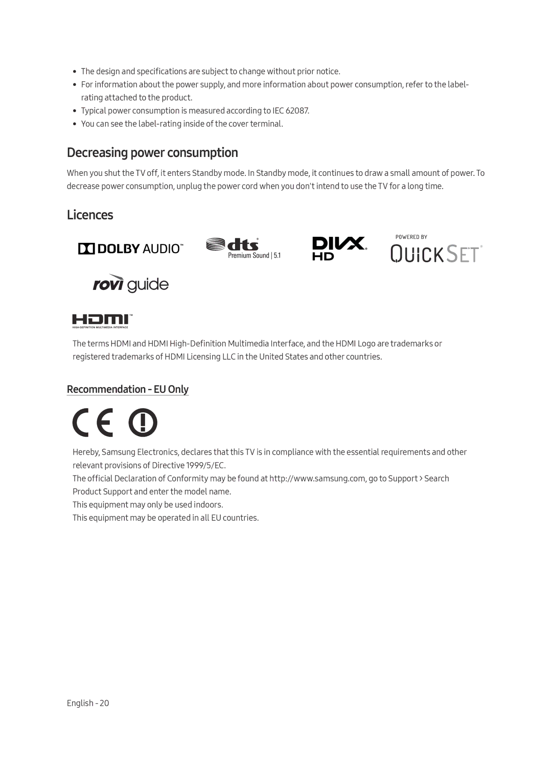 Samsung UE55MU7079TXZG, UE49MU7049TXZG, UE49MU7079TXZG manual Decreasing power consumption, Licences, Recommendation EU Only 