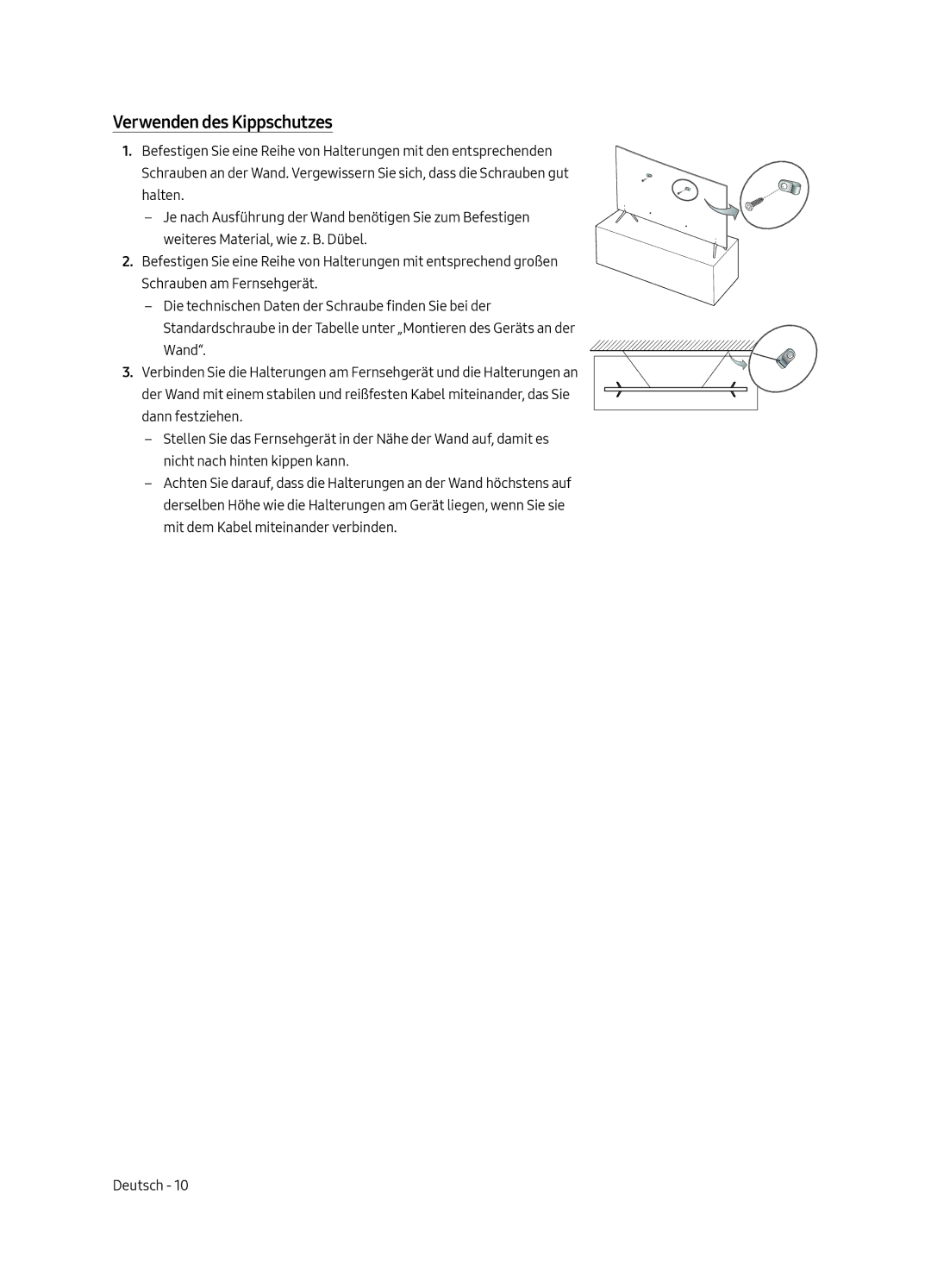 Samsung UE49MU7059TXZG, UE49MU7049TXZG, UE49MU7079TXZG, UE65MU7079TXZG, UE55MU7059TXZG manual Verwenden des Kippschutzes 