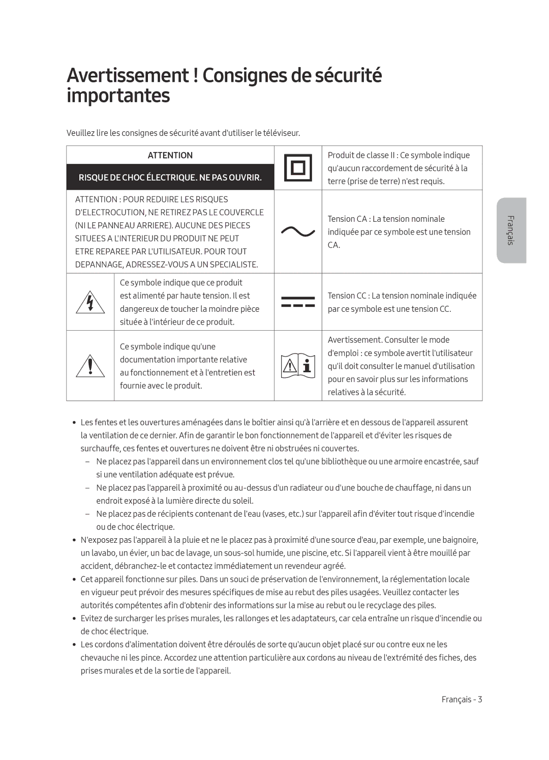 Samsung UE49MU7079TXZG manual Avertissement ! Consignes de sécurité importantes, Risque DE Choc ÉLECTRIQUE. NE PAS Ouvrir 