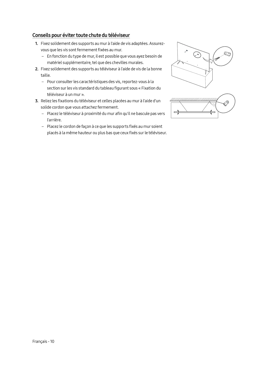 Samsung UE65MU7059TXZG, UE49MU7049TXZG, UE49MU7079TXZG, UE49MU7059TXZG manual Conseils pour éviter toute chute du téléviseur 