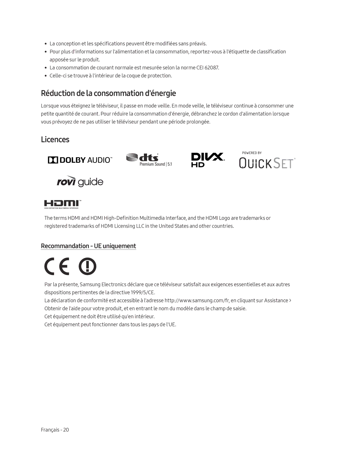 Samsung UE55MU7059TXZG, UE49MU7049TXZG, UE49MU7079TXZG Réduction de la consommation dénergie, Recommandation UE uniquement 