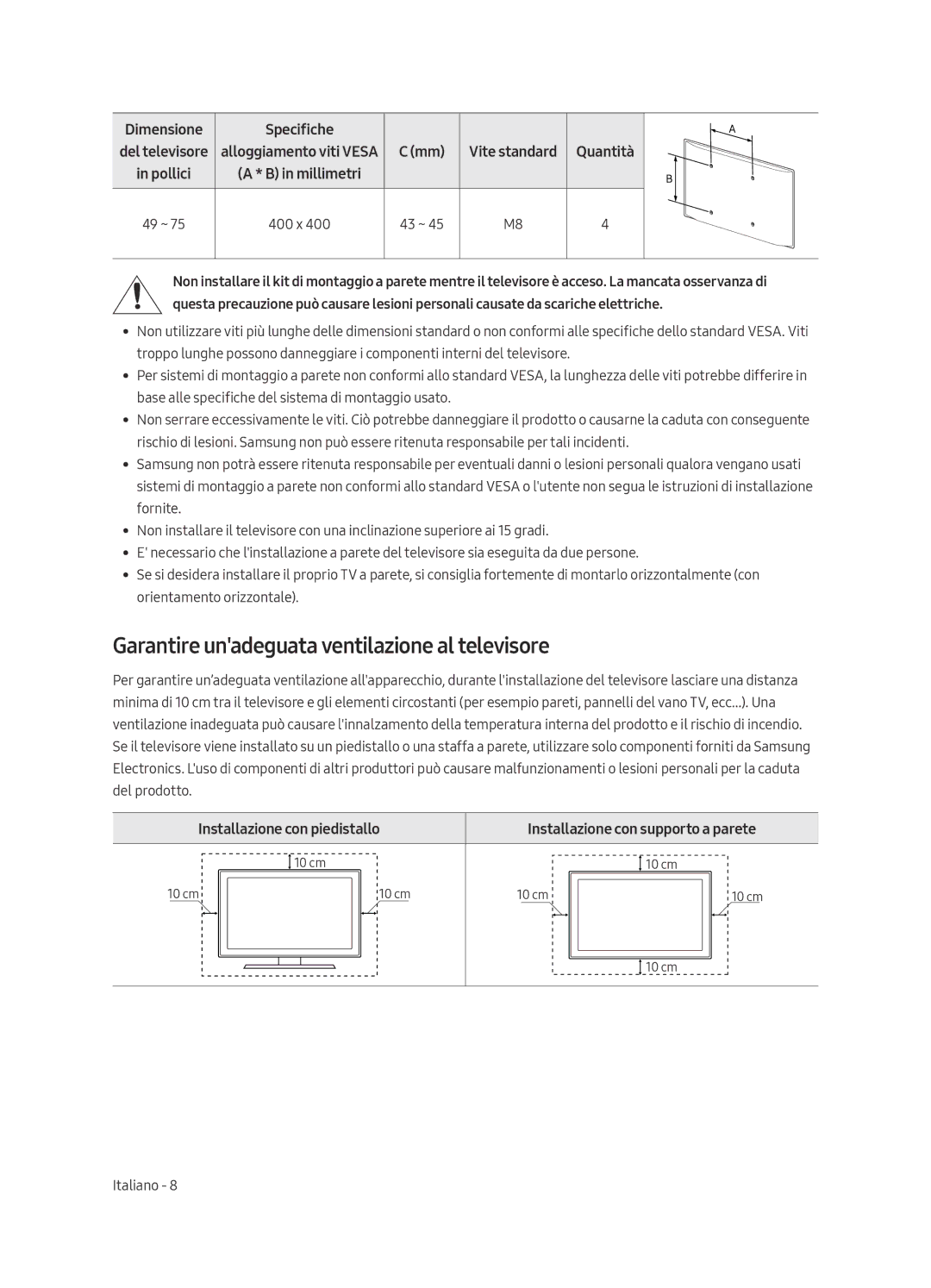 Samsung UE49MU7040TXZG, UE49MU7049TXZG manual Garantire unadeguata ventilazione al televisore, Installazione con piedistallo 