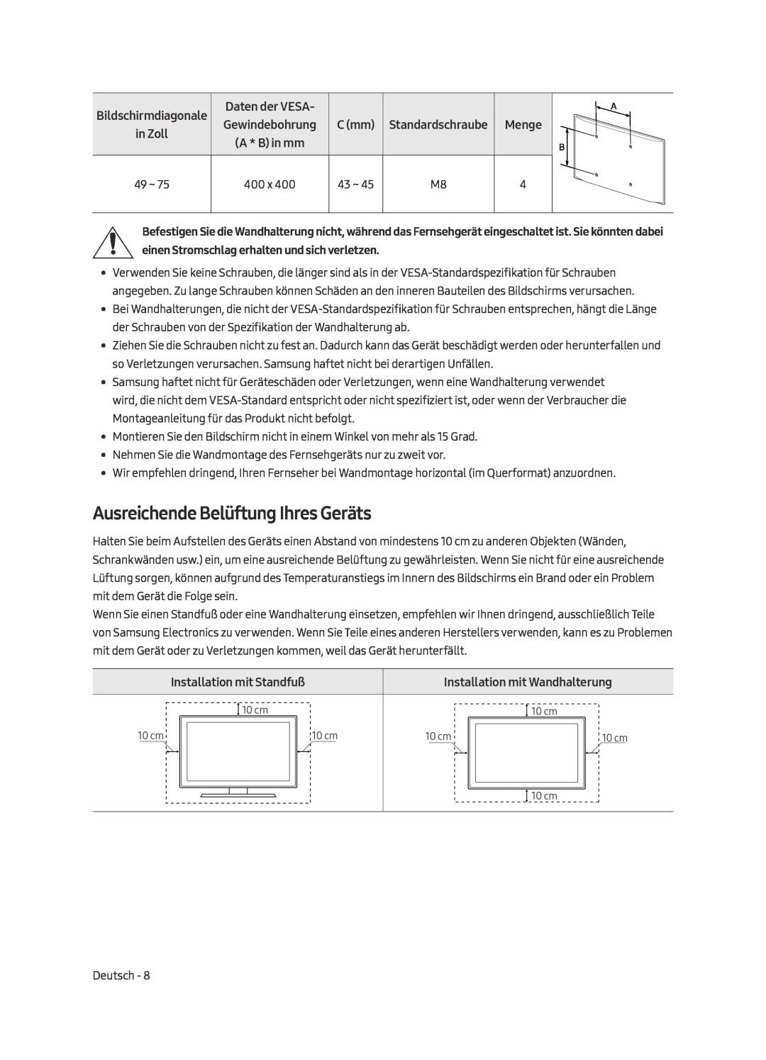 Samsung UE49MU7049TXZG manual Ausreichende Belüftung Ihres Geräts, Bildschirmdiagonale in Zoll, Installation mit Standfuß 