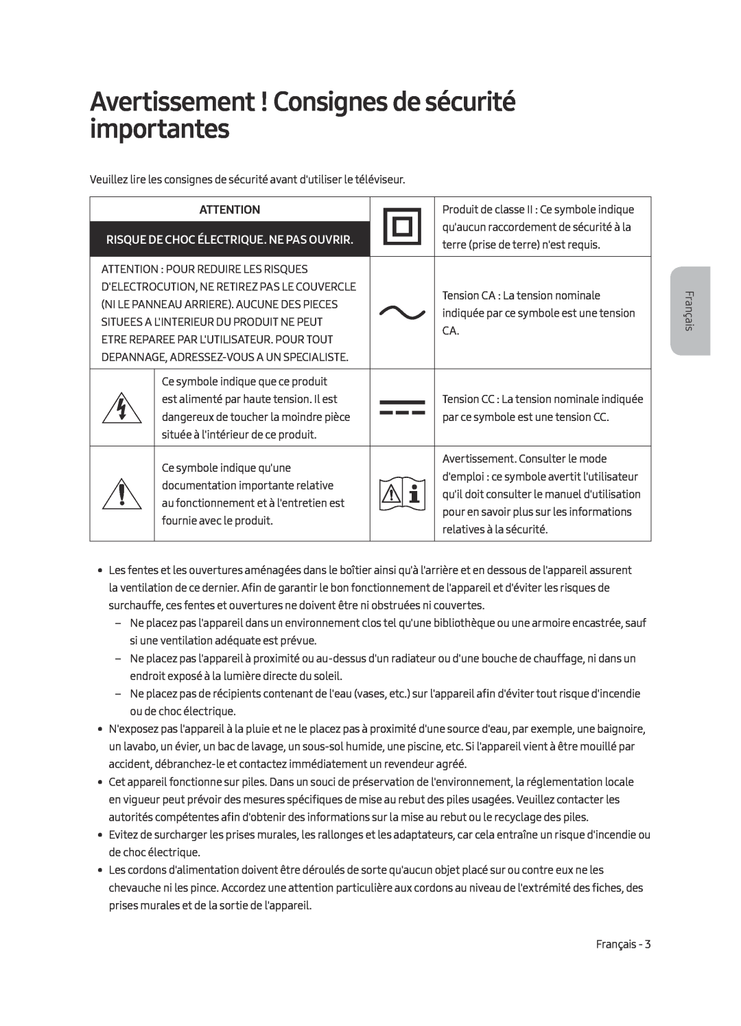 Samsung UE49MU7079TXZG manual Avertissement ! Consignes de sécurité importantes, Risque De Choc Électrique. Ne Pas Ouvrir 