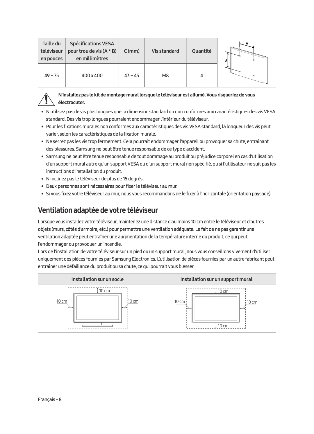 Samsung UE55MU7079TXZG manual Ventilation adaptée de votre téléviseur, Vis standard, Quantité, Installation sur un socle 