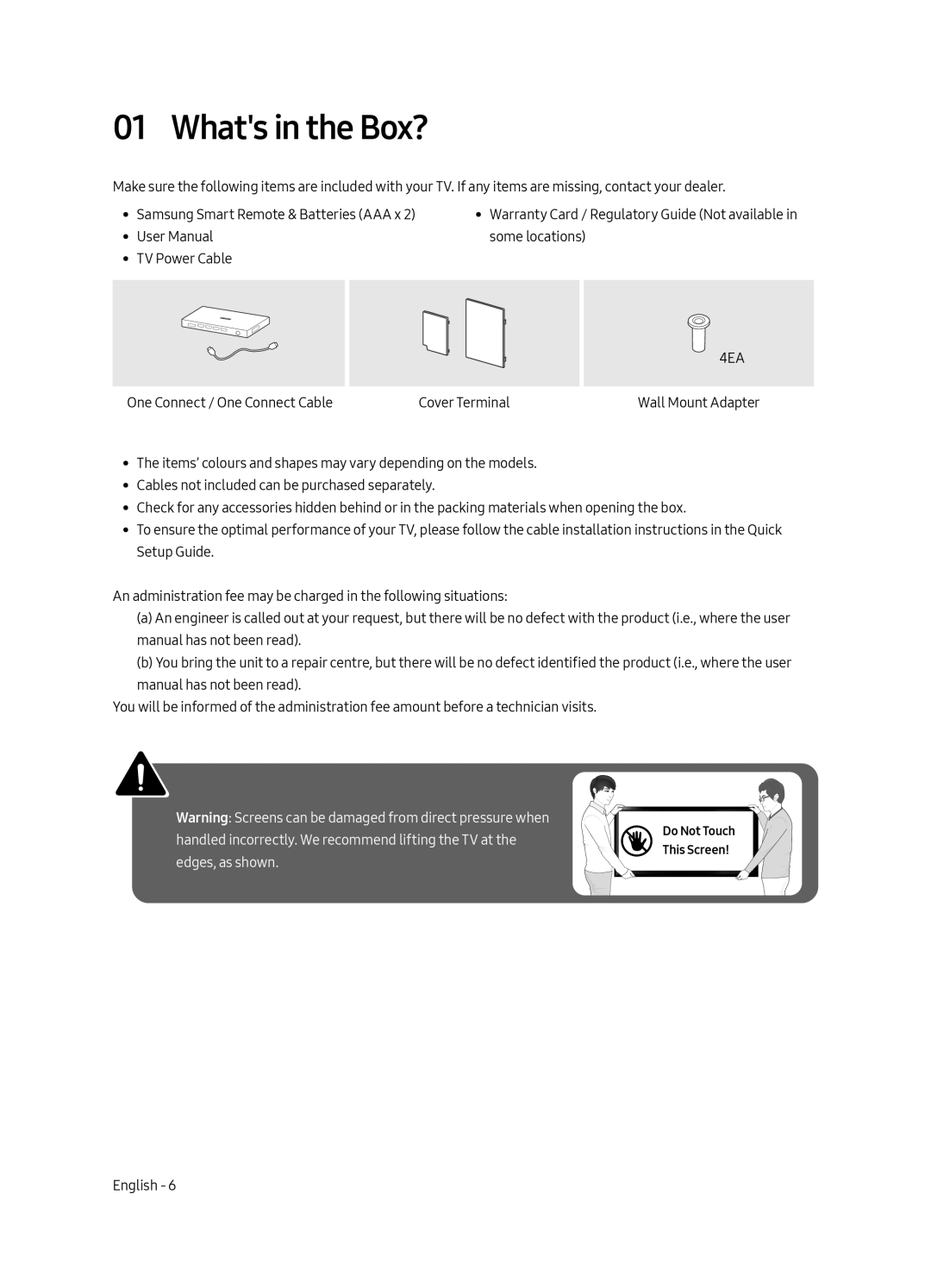 Samsung UE55MU7079TXZG manual Whats in the Box?, Warning Screens can be damaged from direct pressure when, edges, as shown 