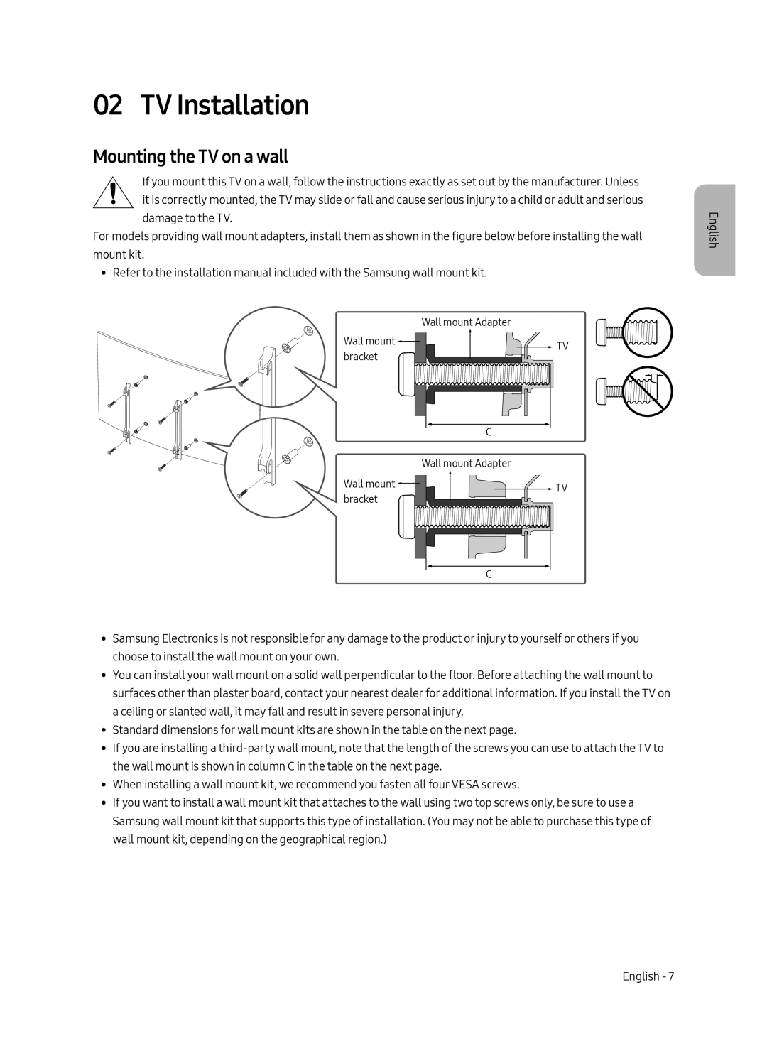 Samsung UE55MU7500UXRU, UE49MU7500UXRU manual TV Installation, Mounting the TV on a wall 