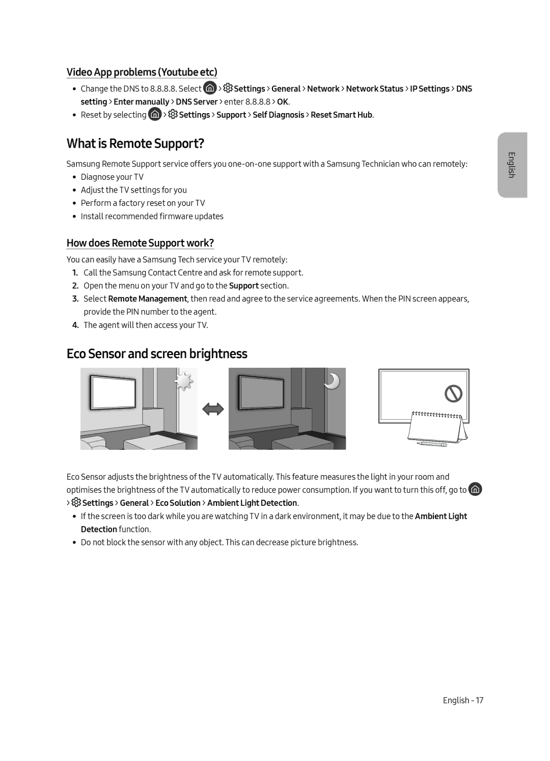 Samsung UE55MU7500UXRU manual What is Remote Support?, Eco Sensor and screen brightness, Video App problems Youtube etc 