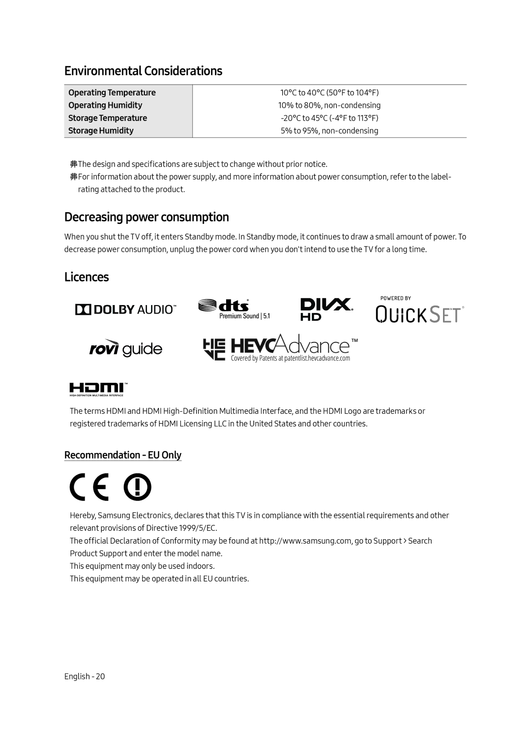 Samsung UE49MU7500UXRU manual Environmental Considerations, Decreasing power consumption, Licences, Recommendation EU Only 