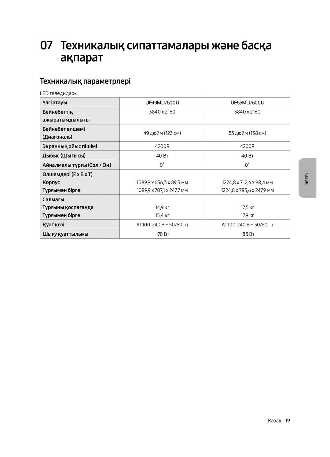 Samsung UE55MU7500UXRU, UE49MU7500UXRU manual 07 Техникалық сипаттамалары және басқа ақпарат, Техникалық параметрлері 