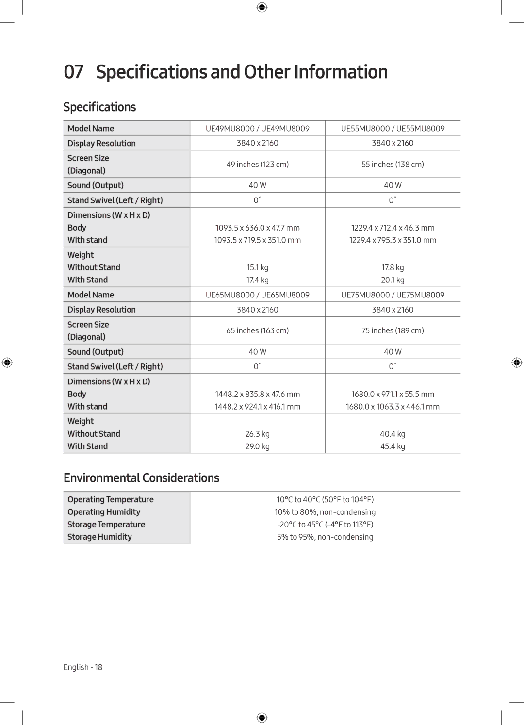 Samsung UE75MU8000TXZG, UE49MU8009TXZG, UE75MU8009TXZG Specifications and Other Information, Environmental Considerations 