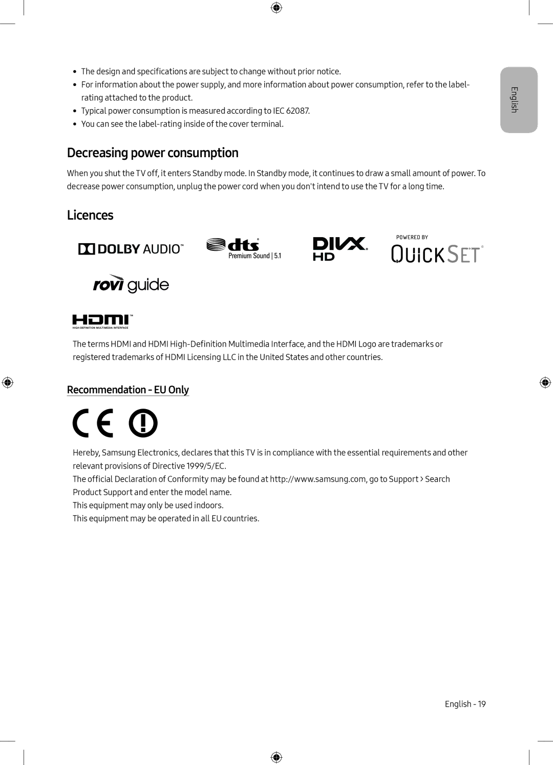 Samsung UE65MU8000TXSQ, UE49MU8009TXZG, UE75MU8009TXZG manual Decreasing power consumption, Licences, Recommendation EU Only 