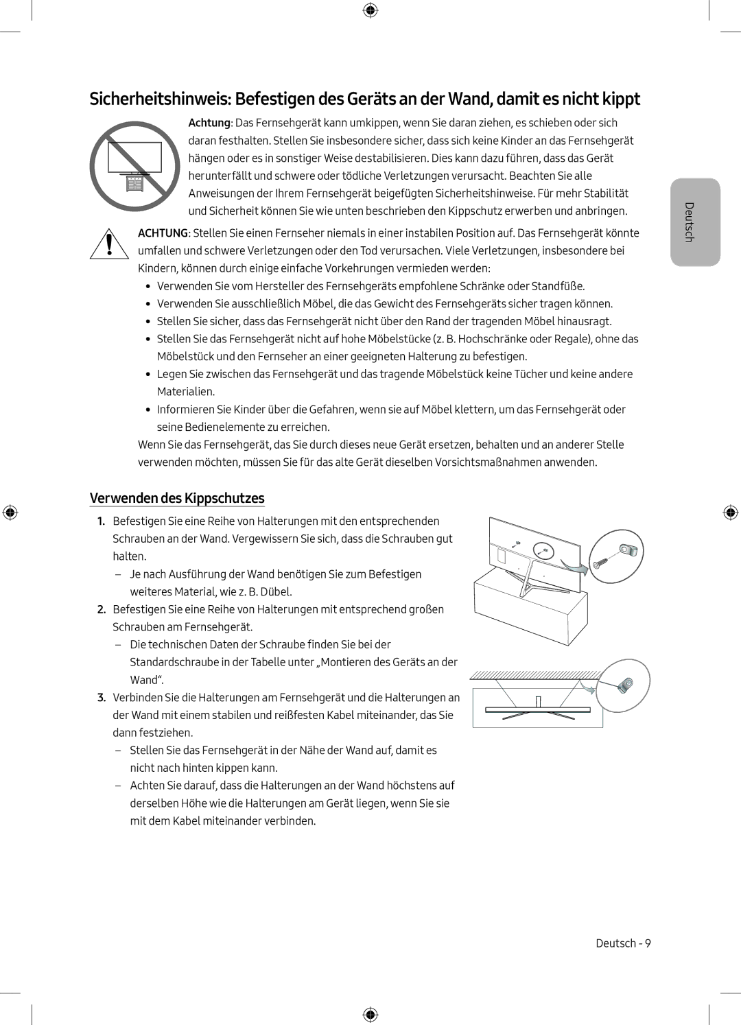 Samsung UE55MU8000TXSQ, UE49MU8009TXZG, UE75MU8009TXZG, UE55MU8009TXZG, UE65MU8009TXZG manual Verwenden des Kippschutzes 