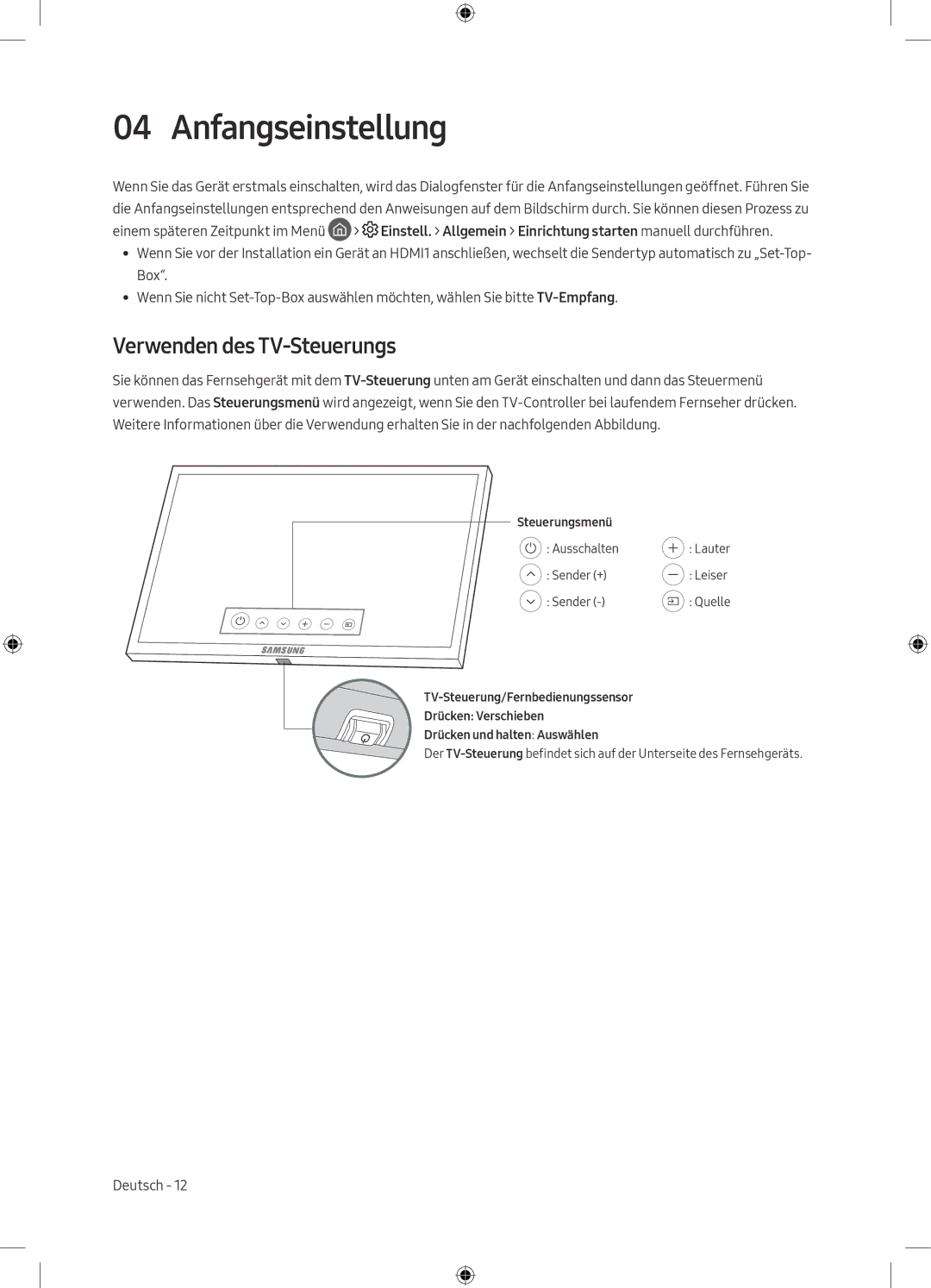 Samsung UE65MU8000TXXU, UE49MU8009TXZG, UE75MU8009TXZG, UE55MU8009TXZG manual Anfangseinstellung, Verwenden des TV-Steuerungs 