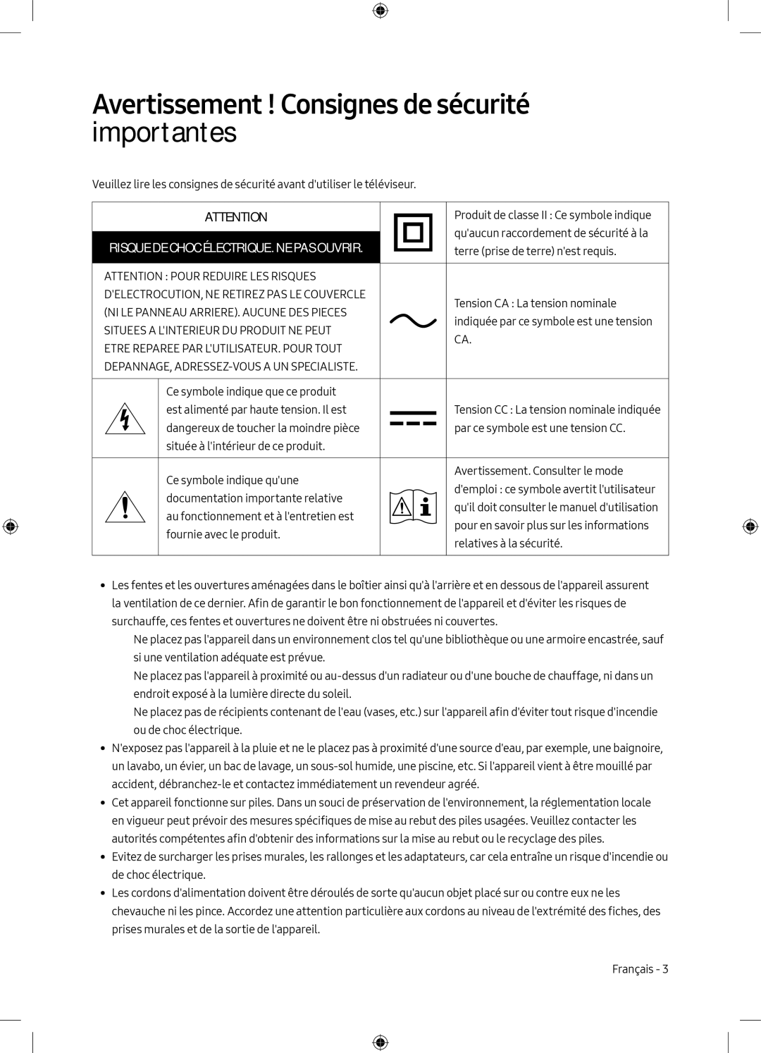 Samsung UE65MU8009TXZG manual Avertissement ! Consignes de sécurité importantes, Risque DE Choc ÉLECTRIQUE. NE PAS Ouvrir 