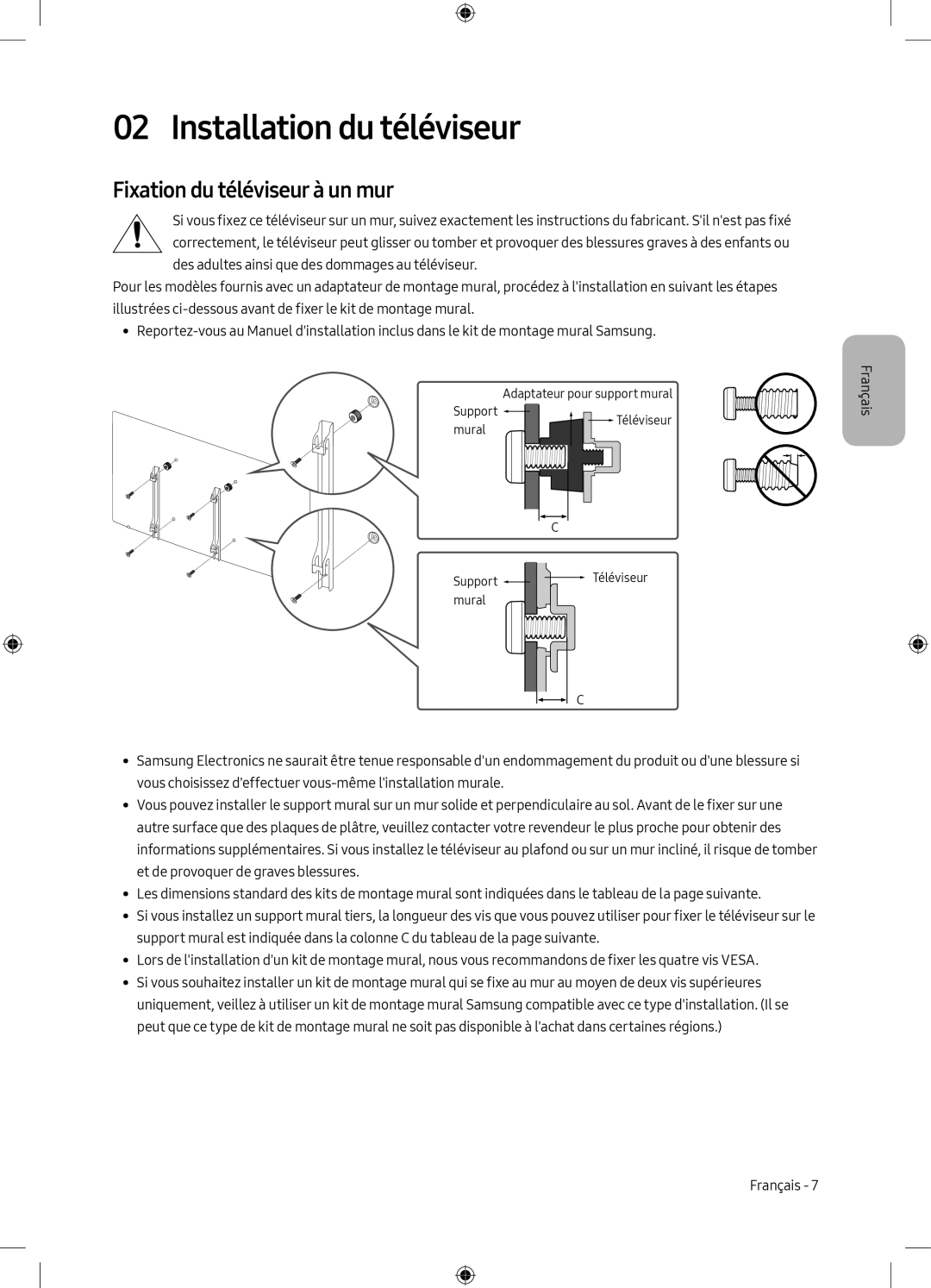 Samsung UE55MU8000TXZT, UE49MU8009TXZG, UE75MU8009TXZG manual Installation du téléviseur, Fixation du téléviseur à un mur 