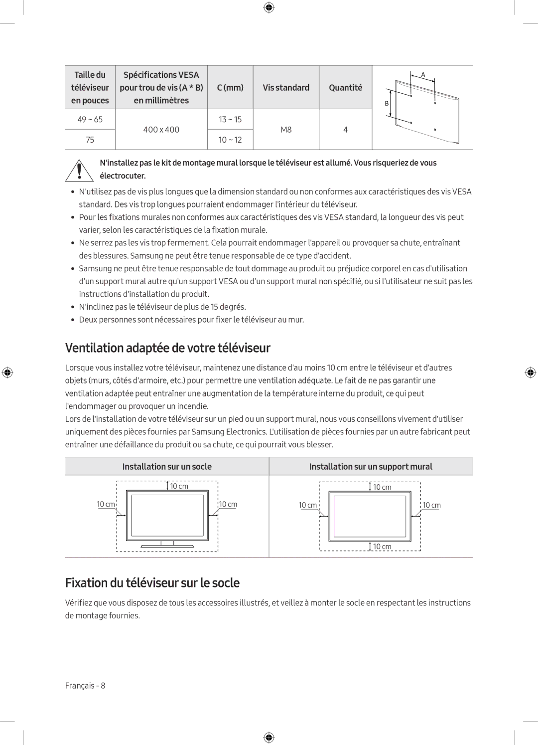 Samsung UE49MU8000TXZT manual Ventilation adaptée de votre téléviseur, Fixation du téléviseur sur le socle, Taille du 