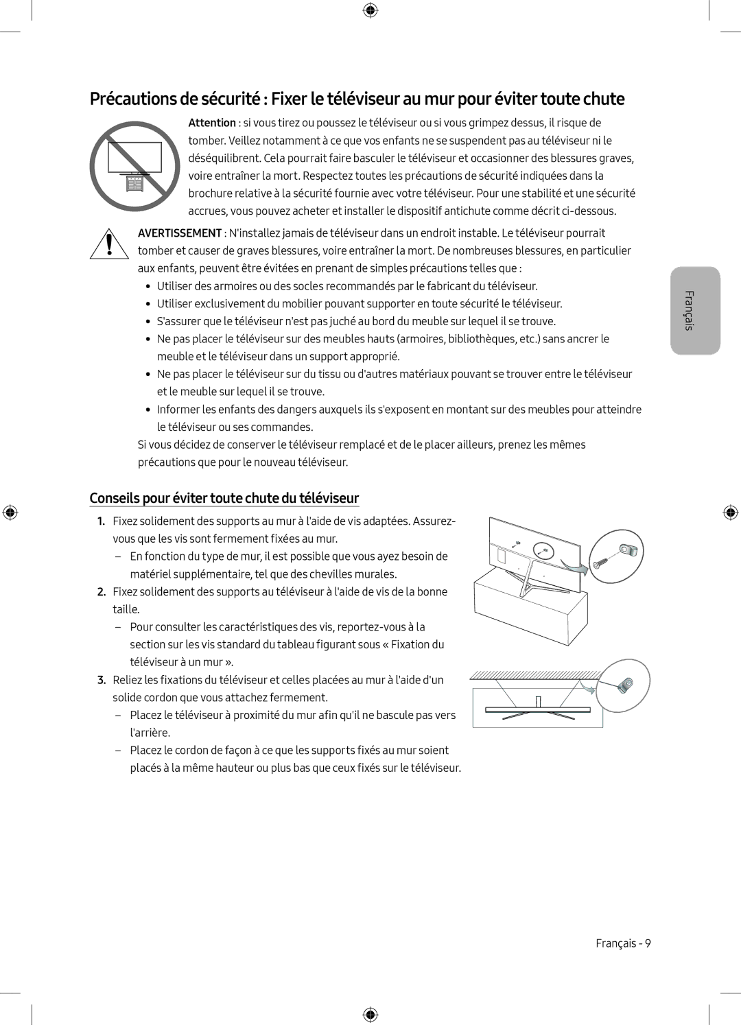 Samsung UE55MU8000TXSQ, UE49MU8009TXZG, UE75MU8009TXZG, UE55MU8009TXZG manual Conseils pour éviter toute chute du téléviseur 